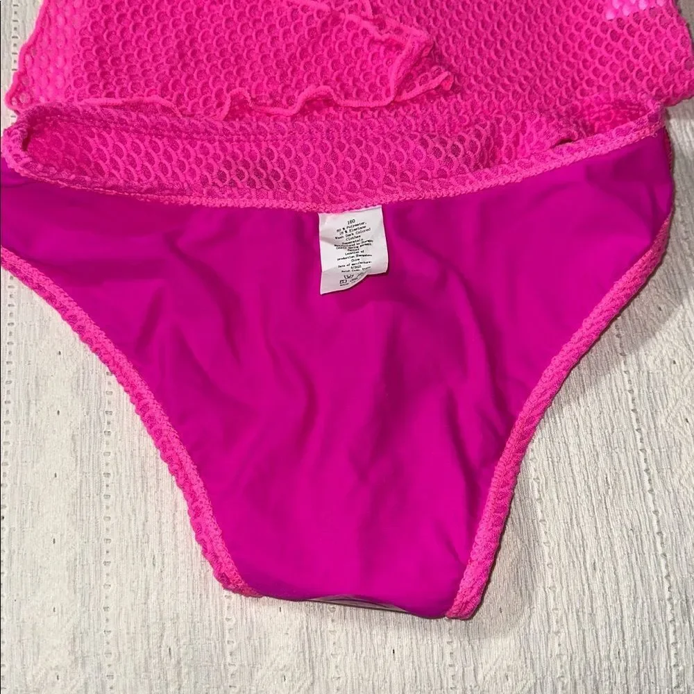 XS-S 160 Bright Pink Honey Comb Textured Bikini Set and Side Tie Cover Up